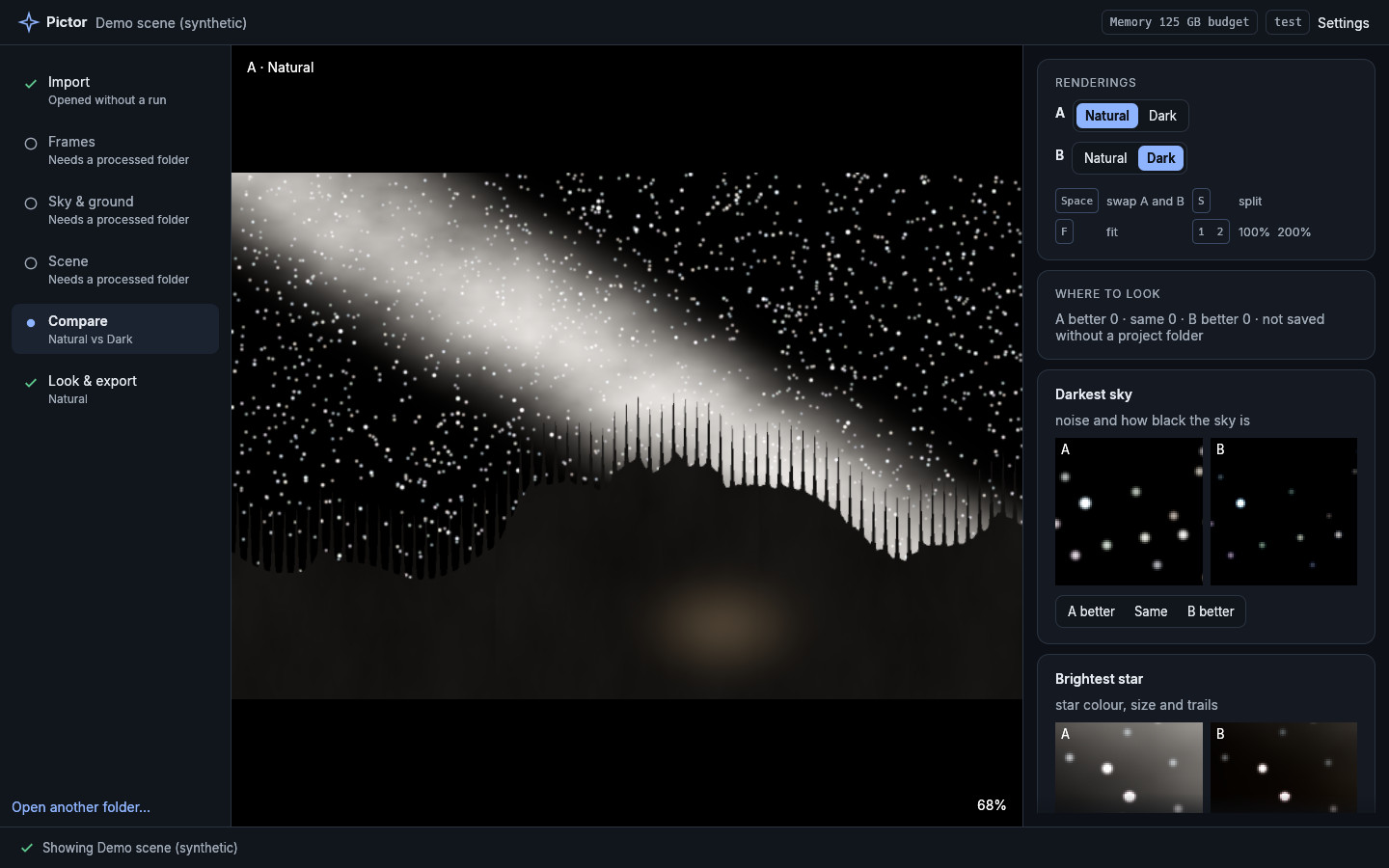 Pictor's Compare screen: the six steps listed on the left, a night scene with the Milky Way over a treeline in the middle, and side-by-side crops of the darkest sky and the brightest star on the right.